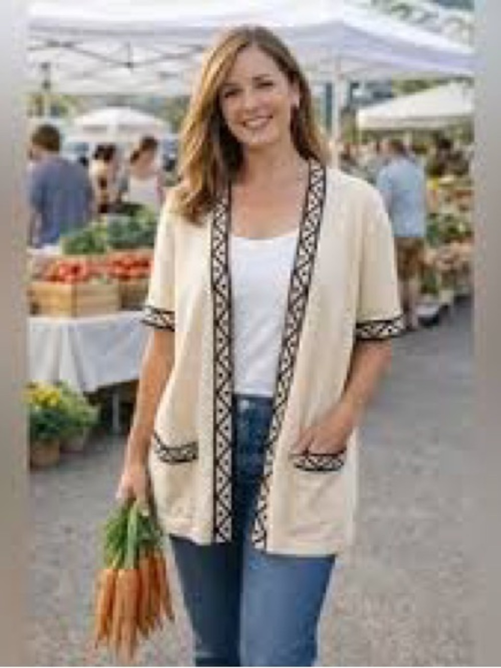 St. John collection Cream Open-Front Short Sleeve Cardigan with Black Trim